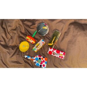Vintage Tin Litho Toy 7 pieces Metal Noise Makers New Years Favors Made In USA